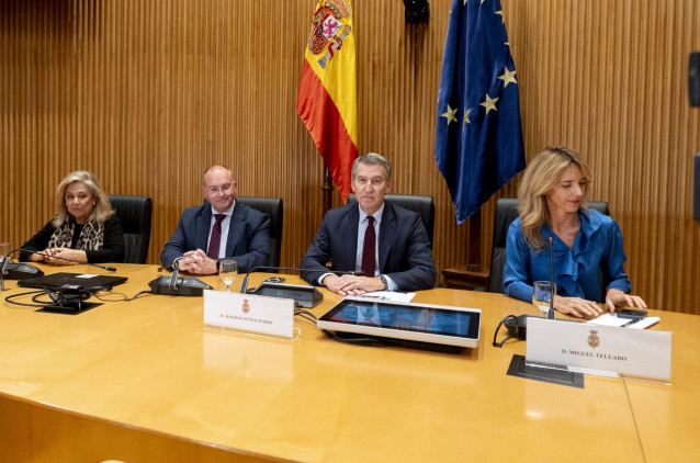 (I-D) La diputada del PP, Macarenas Montesinos; el portavoz del PP en el Congreso, Miguel Tellado; el líder del Partido Popular, Alberto Núñez Feijóo, y la diputada del PP, Cayetana Álvarez de Toledo, durante las jornadas ‘Constitución y reconstitución’,