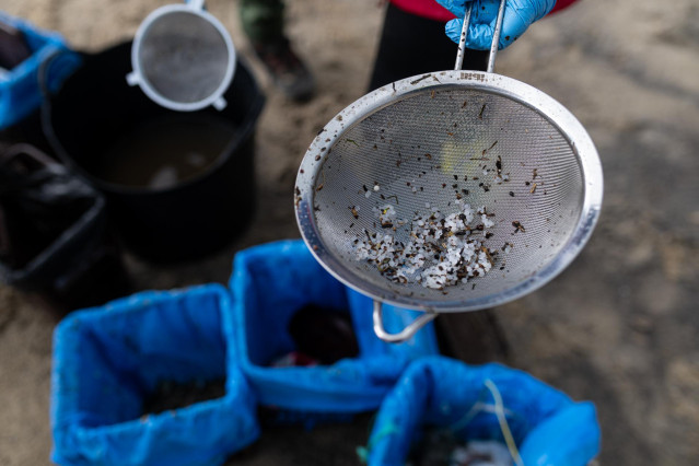 Archivo - Pellets encontrados en la playa Bos, a 13 de enero de 2024, en Noia, A Coruña, Galicia (España).