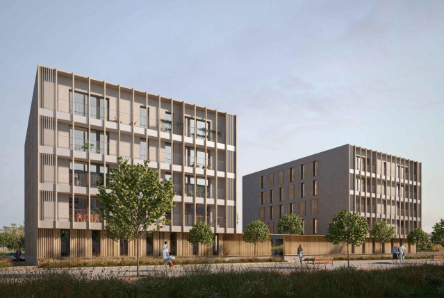 Archivo - Imagen del proyecto de la primera promoción de viviendas públicas construidas íntegramente con sistemas industrializados en madera en Madrid