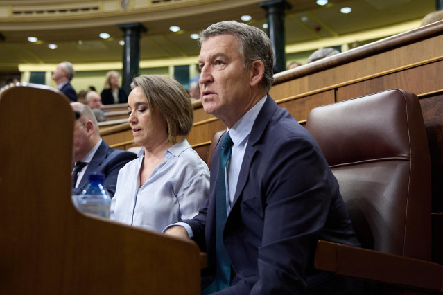 La secretaria general del PP, Cuca Gamarra y el presidente del PP, Alberto Núñez Feijóo, durante una sesión de control al Gobierno, en el Congreso de los Diputados, a 18 de diciembre de 2024, en Madrid (España).