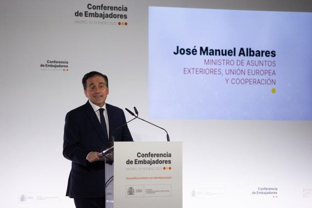 El ministro de Asuntos Exteriores, Unión Europea y Cooperación, José Manuel Albares, interviene durante la IX Conferencia de Embajadores