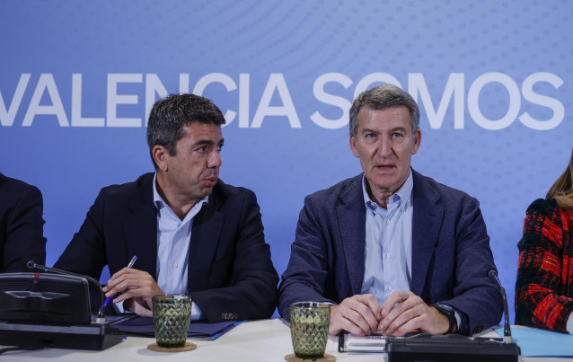 El presidente de la Generalitat Valenciana, Carlos Mazón, y el presidente del PP, Alberto Núñez Feijóo, durante un encuentro de trabajo con alcaldes y cargos del PP de Valencia, a 9 de enero de 2025, en Valencia ,Comunidad Valenciana (España).