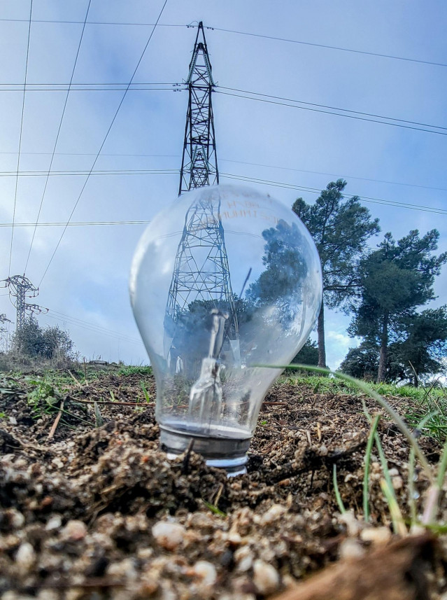 Una bombilla clavada en el césped, a 9 de enero de 2025, en Madrid (España).