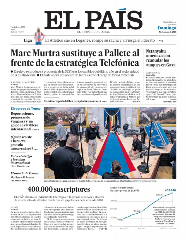 Portada del diario El País para el domingo 19 de enero de 2025.