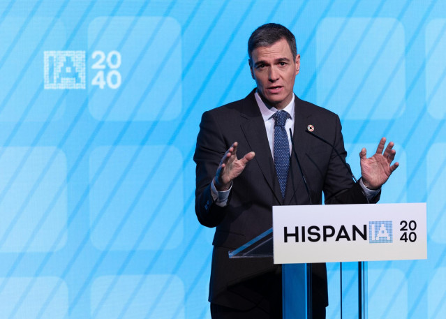 El presidente del Gobierno, Pedro Sánchez, interviene durante el acto 'HispanIA 2040: cómo la inteligencia artificial mejorará nuestro futuro', en la Fundación Ramón Areces, a 20 de enero de 2025, en Madrid (España).