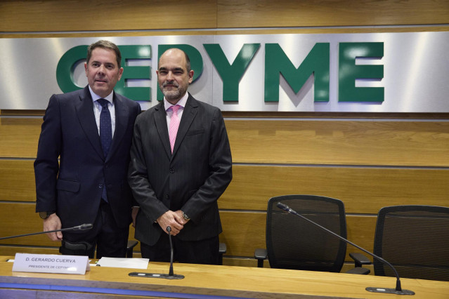 El presidente de Cepyme, Gerardo Cuerva, presenta la jornada 'Crecimiento Empresarial. Crecer en tamaño para ser más productiva’, en la sede de Cepyme este lunes en Madrid.