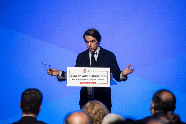 El expresidente del Gobierno José María Aznar, interviene durante la presentación del documental con motivo del 30 aniversario del asesinato de Gregorio Ordóñez, en la Real Casa de Correos, a 21 de enero