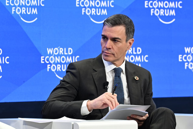 El presidente del Gobierno, Pedor Sánchez, pronuncia su discurso en el Foro Económico Mundial en Davos (Suiza) en el que alerta del peligro para la democracia de las redes sociales.