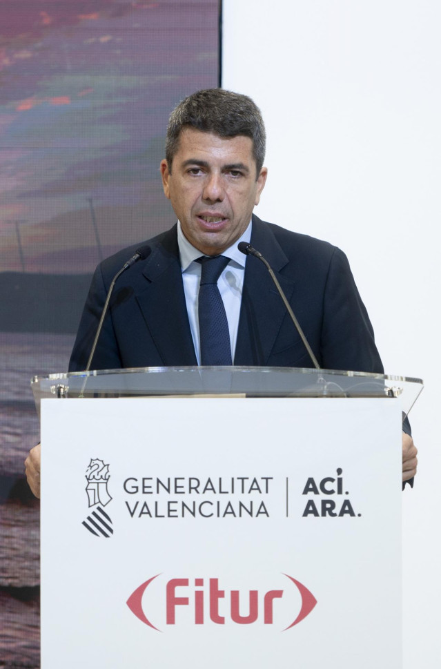 El presidente de la Generalitat valenciana, Carlos Mazón, interviene durante un acto institucional de la Diputación de Castellón, el día de la inauguración de la 45ª edición de la Feria Internacional de Turismo, Fitur 2025, en IFEMA Madrid, a 22 de enero
