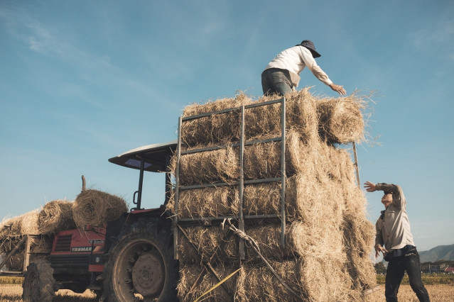 Agricultor y su tractor en el campo