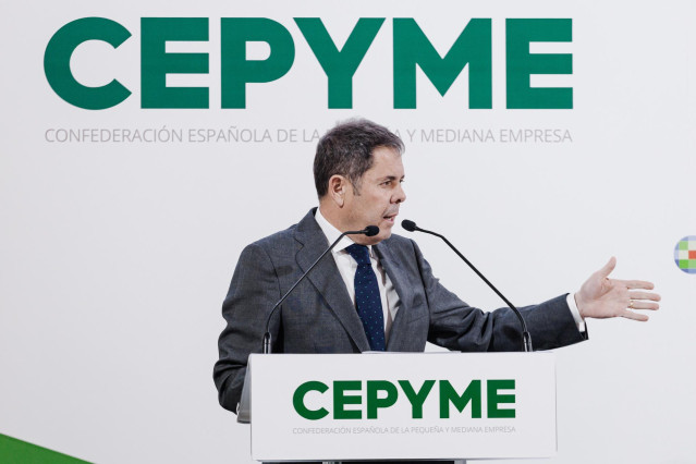 El presidente de Cepyme, Gerardo Cuerva, interviene durante la inauguración de la VIII edición de CEPYME500, en el Palacio de la Bolsa de Madrid, a 27 de enero de 2025