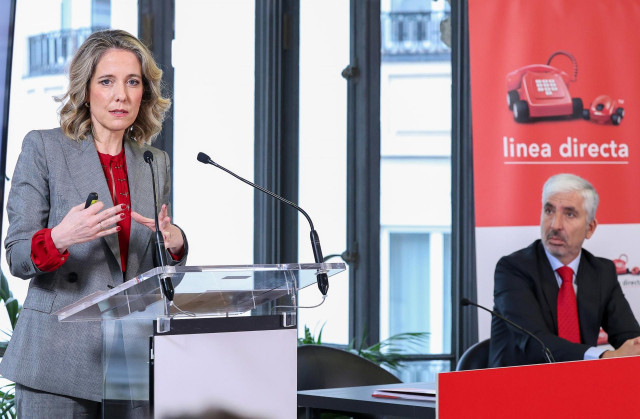 La consejera delegada de Línea Directa Aseguradora, Patricia Ayuela, y el director financiero, Carlos Rodríguez, durante la presentación de resultados de Línea Directa del ejercicio 2024, en Gran Vía HUB, a 29 de enero de 2025, en Madrid (España).