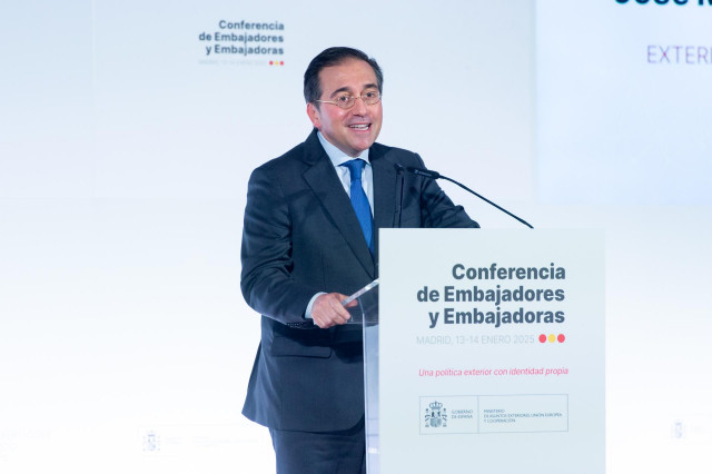 El ministro de Asuntos Exteriores, Unión Europea y Cooperación, José Manuel Albares, interviene durante la clausura la IX Conferencia de Embajadores