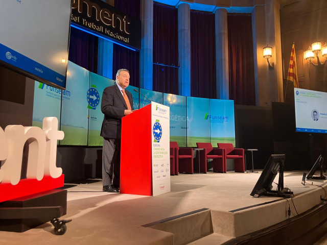 El presidente de Enagás y presidente Funseam, Antonio Llardén, durante su intervención en el XIII Simposio de Funseam 'Europa, camino a la sostenibilidad energética', que se ha celebrado en la sede de Foment del Treball