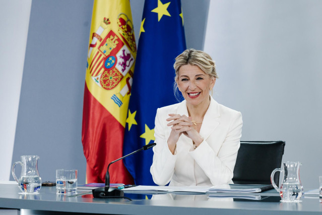 La vicepresidenta segunda y ministra de Trabajo y Economía Social, Yolanda Díaz, durante una rueda de prensa tras el Consejo de Ministros
