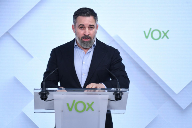 El líder de VOX, Santiago Abascal, durante una rueda de prensa posterior al Comité de Dirección del partido