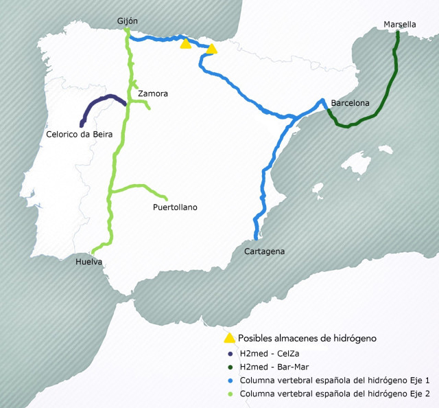 Archivo - Trazado del corredor de hidrógeno verde  H2Med entre Portugal, España y Francia