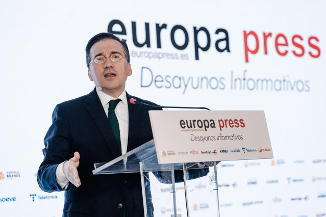 El ministro de Asuntos Exteriores, Unión Europea y Cooperación, José Manuel Albares, durante un Desayuno Informativo de Europa Press, en Rosewood Villa Magna, a 3 de febrero de 2025, en Madrid (España).