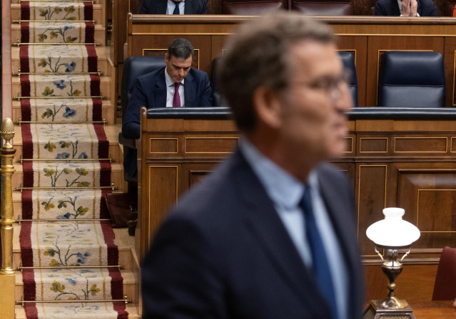 Archivo - El presidente del PP, Alberto Núñez Feijóo y detrás, el presidente del Gobierno, Pedro Sánchez, durante un pleno en el Congreso