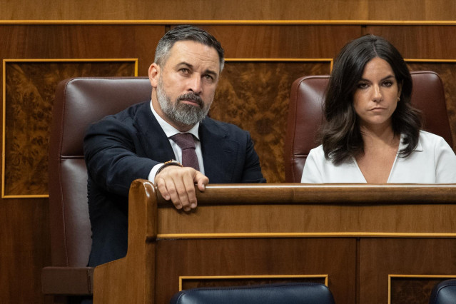 Archivo - El líder de VOX, Santiago Abascal y la portavoz de VOX en el Congreso, Pepa Millán, durante una sesión plenaria