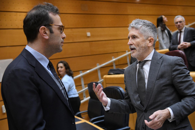 El ministro de Economía, Comercio y Empresa, Carlos Cuerpo (i), y el ministro del Interior, Fernando Grande-Marlaska (d), durante una sesión de control, en el Senado, a 25 de febrero de 2025, en Madrid (España).