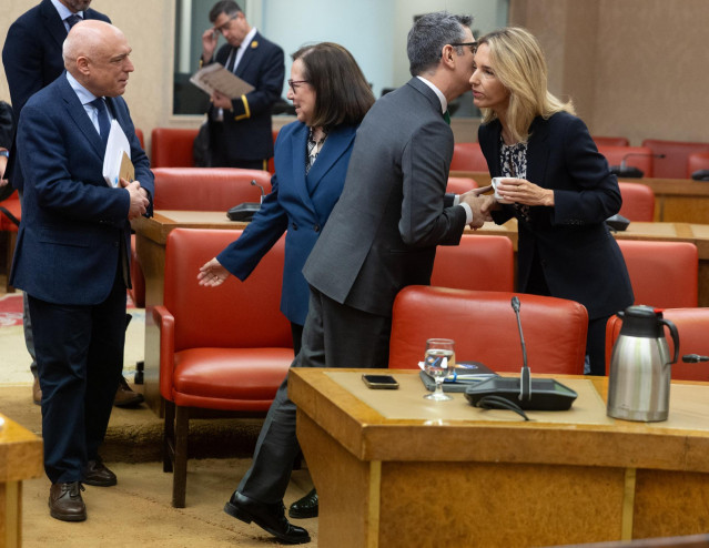 El ministro de la Presidencia, Justicia y Relaciones con las Cortes, Felix Bolaños, saluda a la diputada del PP Cayetana Álvarez de Toledo, a su llegada a la Comisión de Justicia, en el Congreso de los Diputados, a 27 de febrero de 2025.