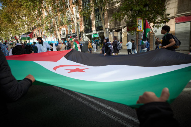 Archivo - Varias personas sujetan una bandera durante una manifestación en apoyo al Sahara Occidental, desde Atocha a la plaza de Jacinto Benavente, a 11 de noviembre de 2023, en Madrid (España).