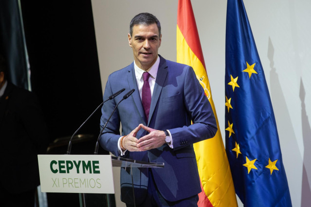 El presidente del Gobierno, Pedro Sánchez, interviene durante la clausura del acto de entrega de los 'XI Premios Cepyme 2024', a 5 de marzo de 2025, en Madrid (España).