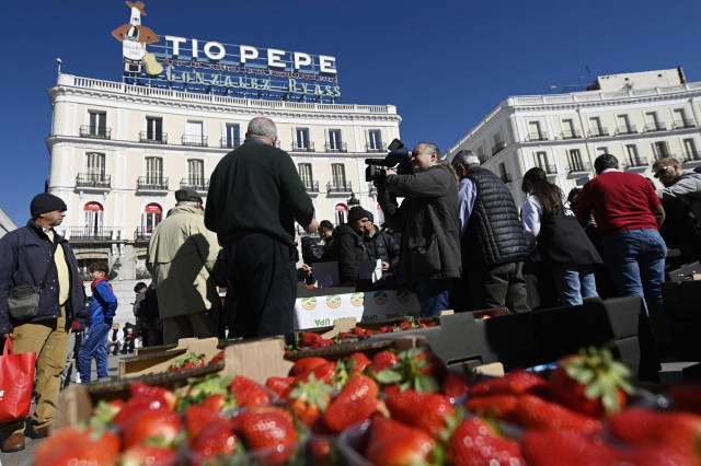 Archivo - Más de 2.000 tarrinas de fresas de Huelva son repartidas por parte de la Unión de Pequeños Agricultores (UPA) de Andalucía y UPA-Huelva, en la Puerta del Sol,