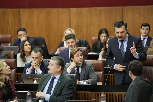 El portavoz del PP-A en el Parlamento de Andalucía, Toni Martín, este jueves en su pregunta al presidente de la Junta de Andalucía, Juanma Moreno, en el Pleno del Parlamento andaluz.