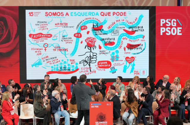 El secretario general del PSdeG, José Ramón Gómez Besteiro, interviene durante la clausura del 15 Congreso Regional del PSdeG, en la Cidade da Cultura, a 9 de marzo de 2025, en Santiago de Compostela, A Coruña, Galicia (España). Durante el Congreso, celeb