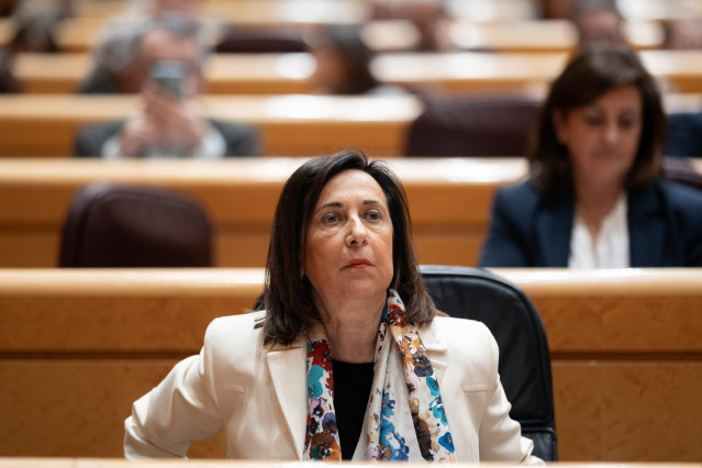 La ministra de Defensa, Margarita Robles, durante una sesión de control en el Senado, a 11 de marzo de 2025, en Madrid (España).