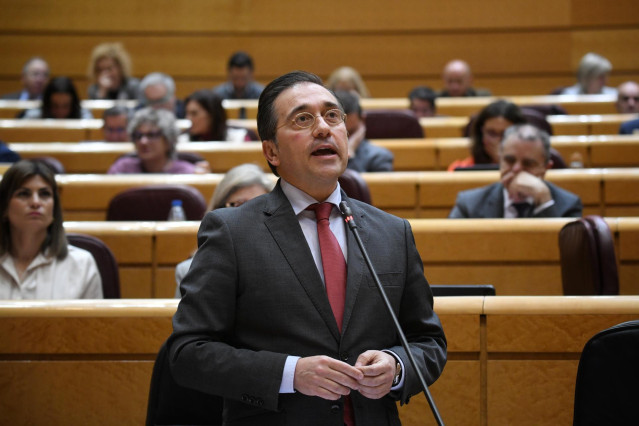 El ministro de Asuntos Exteriores, Unión Europea y Cooperación, José Manuel Albares, interviene durante una sesión de control, en el Senado, a 25 de febrero de 2025, en Madrid (España).