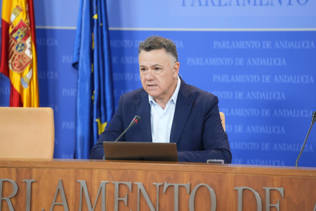 El diputado de Por Andalucía Juan Antonio Delgado, en rueda de prensa en el Parlamento andaluz.