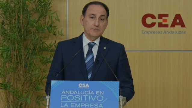 El presidente de la Confederación de Empresarios de Andalucía (CEA), Javier González de Lara, atiende a los medios antes de la asamblea general de la CEA.