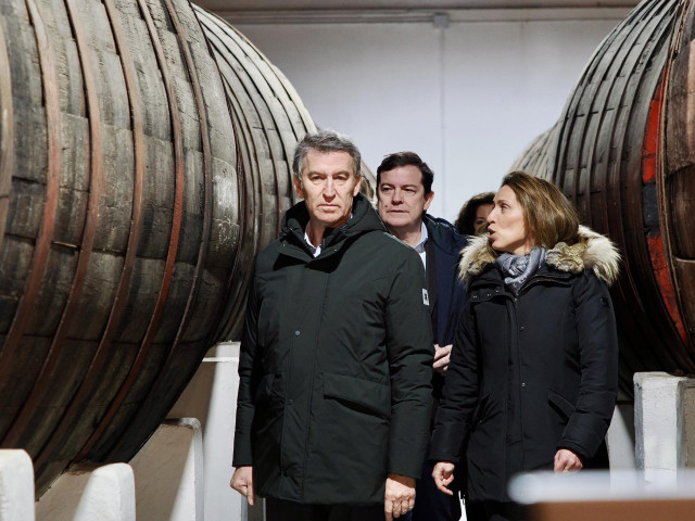El presidente del Partido Popular, Alberto Núñez Feijóo, y el presidente de la Junta de Castilla y León y del PP regional, Alfonso Mañueco, visitan las Bodegas Hijos de Alberto Gutierrez, en Serrada (Valladolid).