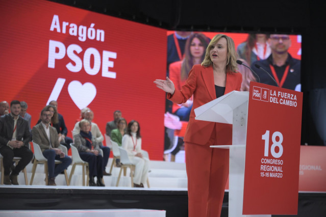 La secretaria general del PSOE de Aragón, ministra de Educación, Formación Profesional y Deportes y portavoz del Gobierno, Pilar Alegría, interviene durante la clausura del 18º Congreso del PSOE de Aragón.