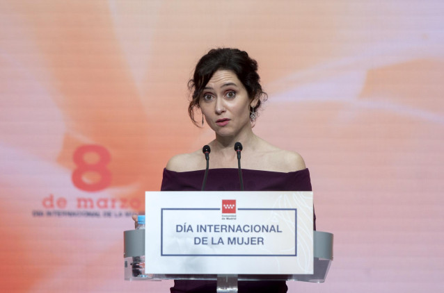 La presidenta de la Comunidad de Madrid, Isabel Díaz Ayuso, durante el acto de entrega de los Reconocimientos 8 de Marzo, en la Real Casa de Correos
