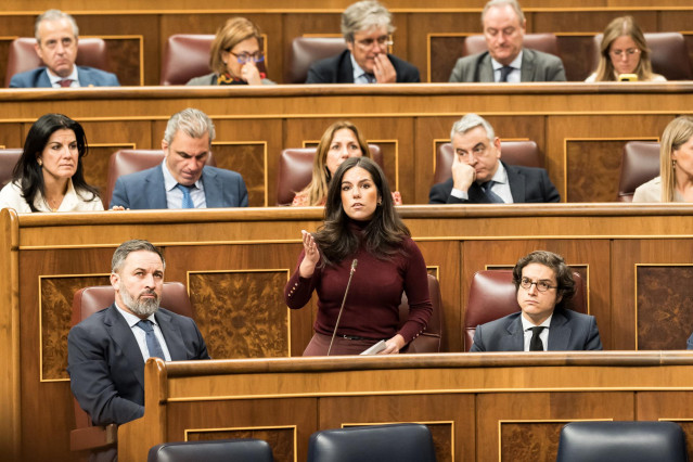 Archivo - La portavoz de Vox en el Congreso, Pepa Millán, en su escaño del Congreso, entre el líder del partido, Santiago Abascal, y el secretario general del grupo, José María Figaredo