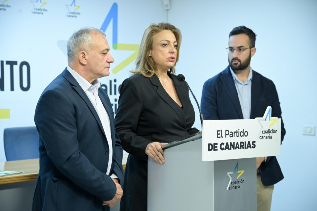 El senador Javier Armas (AHI), la diputada nacional de CC, Cristina Valido, y el diputado autonómico de AHI, Raúl Acosta, en una rueda de prensa para informar sobre la situación migratoria en La Restinga