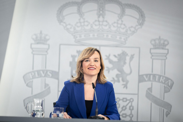 (La ministra Portavoz, Pilar Alegría, durante una rueda de prensa posterior al Consejo de Ministros, en el Palacio de La Moncloa, a 18 de marzo de 2025, en Madrid (España).