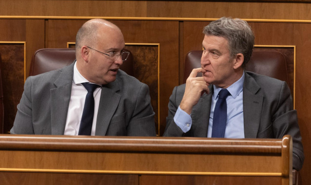 El portavoz del PP en el Congreso, Miguel Tellado, y el presidente del PP, Alberto Núñez Feijóo (d), interviene durante un pleno en el Congreso de los Diputados, a 12 de marzo de 2025, en Madrid (España).