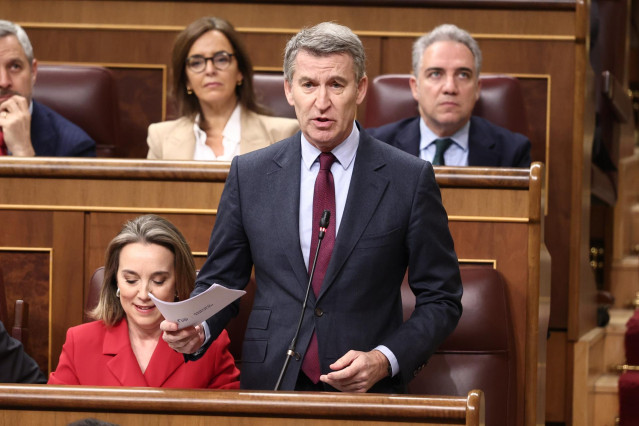 El presidente del PP, Alberto Núñez Feijóo, interviene durante una sesión de control al Gobierno, en el Congreso de los Diputados, a 19 de marzo de 2025, en Madrid (España).