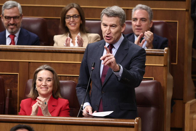 El presidente del PP, Alberto Núñez Feijóo, interviene durante una sesión de control al Gobierno, en el Congreso de los Diputados, a 19 de marzo de 2025, en Madrid (España).