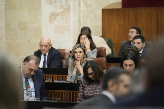 La nueva portavoz parlamentaria del PSOE-A, María Márquez (c), interviene durante la sesión de control en el pleno del Parlamento andaluz. A 20 de marzo de 2025, en Sevilla (Andalucía, España). (Foto de archivo).