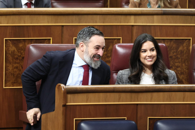 El presidente de VOX, Santiago Abascal y la portavoz del partido, Pepa Millán, durante una sesión plenaria en el Congreso de los Diputados, a 20 de marzo de 2025, en Madrid (España).