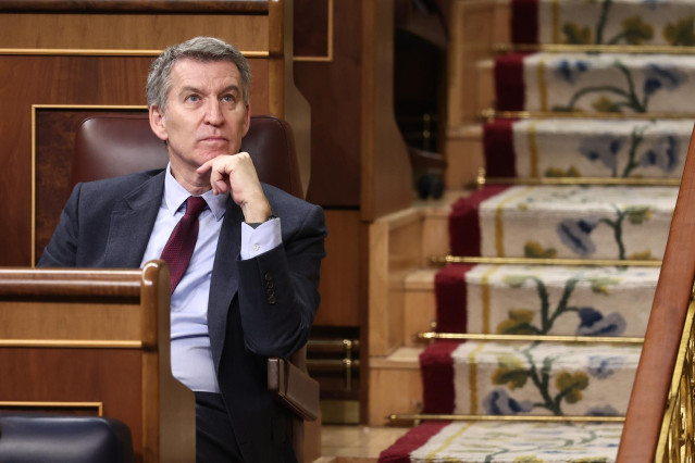 El presidente del PP, Alberto Núñez Feijóo, interviene durante una sesión de control al Gobierno, en el Congreso de los Diputados, a 19 de marzo de 2025, en Madrid (España).
