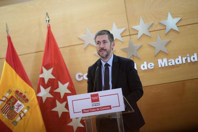 Archivo - El consejero de Presidencia de la Comunidad de Madrid, Miguel Ángel García Martín, ofrece una rueda de prensa tras la ronda de reuniones de la presidenta de la Comunidad de Madrid, Isabel Díaz Ayuso con los grupos parlamentarios