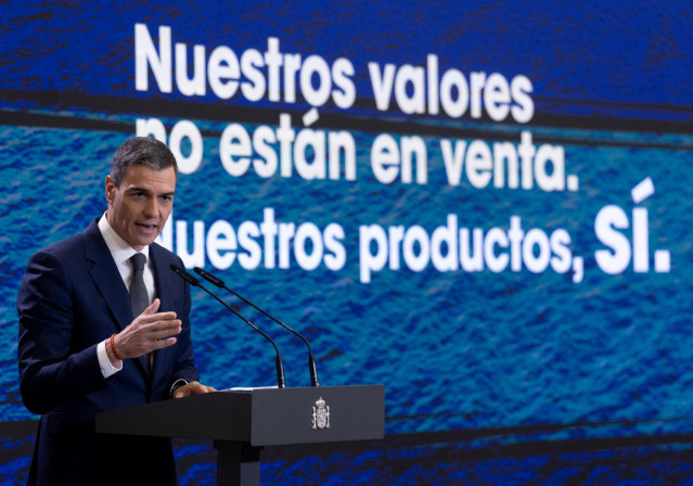 El presidente del Gobierno, Pedro Sánchez, durante su comparecencia de hoy en La Moncloa