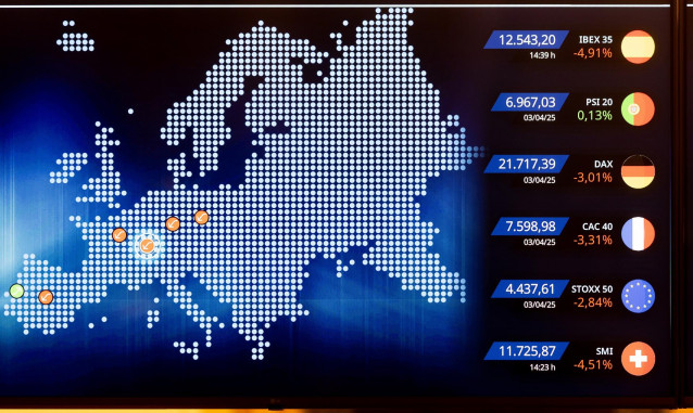 Un panel del Ibex 35 en el Palacio de la Bolsa de Madrid, a 4 de abril de 2025, en Madrid (España)